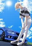  1girl absurdres black_shirt blonde_hair blue_sky car commentary_request from_below full_body highres leaning looking_at_viewer love_live! love_live!_nijigasaki_high_school_idol_club medium_hair midriff miyashita_ai motor_vehicle multicolored_shirt orange_eyes outdoors pants ponytail s_sho_mkrn shirt shoes short_sleeves sidelocks sky solo standing striped_clothes striped_shirt toyota toyota_altezza white_footwear white_pants white_shirt 