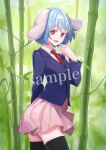  1girl bamboo bamboo_forest black_jacket black_thighhighs blazer blue_hair collared_shirt commentary_request commission cowboy_shot floppy_ears forest highres jacket long_sleeves looking_at_viewer nature necktie open_mouth outdoors pink_skirt red_eyes red_necktie reisen_(touhou_bougetsushou) sample_watermark shirt short_hair skeb_commission skirt solo thighhighs tohoyuukarin touhou watermark white_shirt 