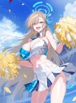  1girl :d asuna_(blue_archive) blonde_hair blue_archive blue_eyes blue_hair blue_ribbon blue_sky breasts cheerleader confetti crop_top floating_hair hidis0086 highres holding holding_pom_poms large_breasts long_hair looking_at_viewer midriff millennium_cheerleader_outfit_(blue_archive) miniskirt navel open_mouth pom_pom_(cheerleading) ribbon skirt sky smile solo stomach thighs very_long_hair 