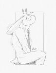  anthro biped black_and_white cotton_tail covering covering_crotch covering_self digital_media_(artwork) ears_down embarrassed exclamation_point fur geometric_background hi_res iconography lagomorph leporid long_ears male male_anthro mammal monochrome nude nude_anthro nude_male paper_background pivoted_ears portrait rabbit resrabbutt side_view simple_background sitting solo three-quarter_portrait wide_eyed 