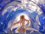  1girl absurdres aquarium aquarium_tunnel arms_behind_back back brown_hair chinese_commentary dress fish floating_hair flower from_behind highres holding holding_flower interface_headset jellyfish ling_ye_zzz long_hair neon_genesis_evangelion orange_hair shark solo souryuu_asuka_langley stingray sundress tunnel two_side_up yellow_dress 