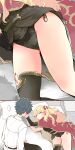  ... 1boy 1girl azumi_(myameco) black_hair black_panties blonde_hair cape closed_eyes closed_mouth ereshkigal_(fate) fate/grand_order fate_(series) fujimaru_ritsuka_(male) long_hair looking_at_another lying on_side panties red_cape short_hair single_thighhigh sleeping spoken_ellipsis thighhighs thighs underwear 
