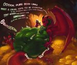 absurd_res belly big_belly blue_eyes bodily_fluids bone claws dialogue digestion digestion_noises digital_media_(artwork) dragon english_text european_mythology fatal_vore feet finger_claws foot_focus green_body hi_res huge_belly hyper hyper_belly larger_prey male male_pred membrane_(anatomy) membranous_wings multicolored_body mythological_creature mythological_scalie mythology nereidamare onomatopoeia oral_vore paws red_body rumbling_stomach saliva saliva_string scalie skull smile solo sound_effects tail text toe_claws tongue vore western_dragon wings