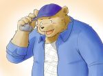  2015 anthro bear blush brown_fur clothed clothing fur humanoid_hands male mammal open_shirt overweight overweight_male shirt simple_background solo tiger_cub 