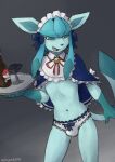  2024 absurd_res anthro blue_body blue_fur blue_sclera blue_tail blush bottle bulge clothed clothing container eeveelution front_view fur generation_4_pokemon glaceon glass grey_background hi_res holding_tray looking_aside male navel nintendo open_mouth panties partially_clothed pokemon pokemon_(species) sealer4258 simple_background solo standing tail tongue underwear white_eyes 