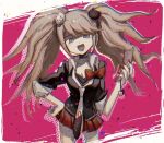  1girl bbbbbaasos bear_hair_ornament bow breasts brown_hair cellphone cellphone_charm charm_(object) cleavage collared_shirt danganronpa:_trigger_happy_havoc danganronpa_(series) enoshima_junko flip_phone glitch grey_eyes hair_ornament hand_on_own_hip holding holding_phone long_hair looking_at_viewer miniskirt open_mouth phone pleated_skirt red_bow red_nails red_skirt shirt simple_background skirt solo twintails white_shirt 