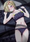 1girl absurdres bikini blonde_hair blush breasts cleavage closed_mouth commentary_request english_commentary hair_ornament hair_over_one_eye highres kebohan looking_at_viewer love_live! love_live!_nijigasaki_high_school_idol_club medium_breasts mia_taylor midriff mixed-language_commentary navel purple_bikini purple_eyes short_hair solo star_(symbol) star_hair_ornament swimsuit upper_body wristband 