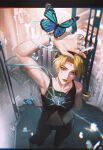  1girl absurdres arm_up bare_arms bare_shoulders black_pants black_tank_top blonde_hair blue_butterfly breasts bug building butterfly chinese_commentary chromatic_aberration city collarbone commentary curtained_hair foot_out_of_frame forehead from_above green_eyes highres jojo_no_kimyou_na_bouken kujo_jolyne long_hair looking_at_viewer looking_up navel pants skyscraper small_breasts solo standing stone_ocean tank_top yellow_lips zhishi_yuyuanqiu 