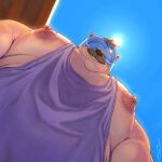  absurd_res anthro big_muscles big_pecs bodily_fluids clothing eyewear goggles hi_res huge_muscles huge_pecs looking_at_viewer male mammal meme_pose muscular mustelid nipples otter pecs shirt silentjay solo sweat tank_top topwear upward_angle 