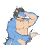  abs anothereidos_of_dragon_vein_r anthro armpit_hair black_hair blue_body blue_scales body_hair bow_tie bow_tie_only dragon folker_(anothereidos_r) hair hi_res horn long_hair male mostly_nude muscular muscular_male mythological_creature mythological_scalie mythology nipples nude paper pecs ponytail raised_arm scales scalie solo tail_hair tanmoji tanmoji_x 