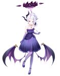  1girl bare_shoulders bat_wings blue_archive cocktail_dress demon_girl demon_horns dress earrings formal full_body halo highres hina_(blue_archive) hina_(dress)_(blue_archive) horns jewelry low_wings necklace purple_dress purple_eyes simple_background solo standing strapless strapless_dress tachi-e white_hair wings youta 