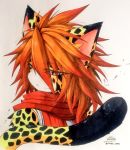  akabane_jin ambiguous_gender cheetah feline fur hair haur komura mammal red_hair scarf simple_background solo white_background 