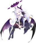  1girl absurdres blue_archive boots breasts full_body gloves halo highres hina_(blue_archive) low_wings mechanical_halo purple_eyes sitting small_breasts solo white_background white_hair wings youta 