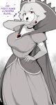  1girl absurdres animal_ears breasts cape chest_jewel cleavage crown dark_persona dress elbow_gloves english_text gloves greyscale hand_on_own_hip highres large_breasts looking_at_viewer mario_(series) mini_crown monochrome ojou-sama_pose open_mouth paper_mario paper_mario:_the_thousand_year_door princess_peach red_eyes sally_(luna-arts) shadow_queen solo spot_color 