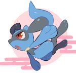  background_request black_fur blue_fur blue_tail highres no_humans nullma open_mouth pokemon pokemon_(creature) red_eyes riolu solo two-tone_fur 