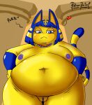 2024 animal_crossing ankha_(animal_crossing) anthro areola belly belly_overhang big_belly biped blue_areola blue_eyes blue_hair blue_nipples blue_pussy blush bob_cut breasts domestic_cat double_chin felid feline felis female front_view genitals hair hand_on_hip heart_symbol huge_hips huge_thighs jewelry lidded_eyes looking_at_viewer looking_down looking_down_at_viewer low-angle_view mammal markings natural_breasts navel necklace nintendo nipples nude obese obese_anthro obese_female overweight overweight_anthro overweight_female pillar portrait professordoctorc purring pussy signature solo standing striped_markings striped_tail stripes tail tail_markings text thick_thighs three-quarter_portrait uraeus wide_hips yellow_body