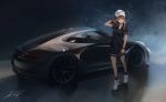  bangs black_legwear brown_eyes brown_hair car cigarette facing_viewer ground_vehicle hat highres koh_(minagi_kou) long_hair motor_vehicle original porsche porsche_911 signature smoking socks solo walking watch wristwatch 