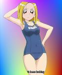  arm_behind_head armpits bare_shoulders collarbone covered_navel gradient gradient_background hand_on_hip medium_breasts mound_of_venus name_tag official_art ojamajo_doremi pose school_swimsuit solo swimsuits tamaki_reika very_long_hair 