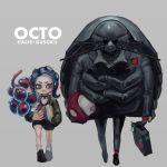  1girl act_(a_moso) black_choker black_footwear black_shorts blue_hair choker closed_mouth full_body green_jacket grey_eyes gusoku-san isopod jacket jellyfish_(splatoon) leon_(leon_the_professional) leon_the_professional long_hair long_sleeves lowres mathilda_lando octarian octoling octotrooper parody shorts smile splatoon_(series) splatoon_2 splatoon_2:_octo_expansion suction_cups tentacle_hair 