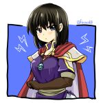  blue_background blue_eyes blush breasts brown_gloves cape elbow_gloves fire_emblem fire_emblem:_thracia_776 gloves jewelry leather leather_gloves lightning_bolt looking_at_viewer medium_breasts olwen_(fire_emblem) pendant shirt short_hair simple_background straight_hair twitter_username two-tone_background upper_body white_background yukia_(firstaid0) 