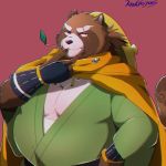  2018 anthro belly canine clothing gyobu humanoid_hands knkieyas leaf male mammal overweight overweight_male red_background robe scar simple_background solo tanuki tattoo tokyo_afterschool_summoners 