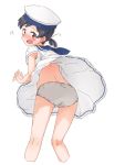  !? 1girl armpit_peek ass back bangs black_hair blue_sailor_collar blush cropped_legs daitou_(kantai_collection) dress embarrassed from_behind hat kantai_collection open_mouth panties pantyshot pantyshot_(standing) red_eyes sailor_collar sailor_dress sailor_hat short_hair short_ponytail short_sleeves simple_background solo standing suke_(momijigari) sweatdrop underwear up_sleeve white_background white_dress white_panties wind wind_lift 