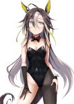  1girl absurdres ahoge alternate_costume animal_ears asymmetrical_clothes bare_shoulders black_bow black_bowtie black_hair blonde_hair blue_eyes bow bowtie breasts brown_hair cleavage closed_mouth colored_inner_hair commentary_request cow detached_collar dream_journey_(umamusume) ear_ornament eyewear_strap gloves hair_between_eyes highres horse_ears horse_girl horse_tail looking_at_viewer multicolored_hair nail_polish nontraditional_playboy_bunny red_nails rimless_eyewear simple_background single_glove single_pantsleg small_breasts solo streaked_hair tail tatetsuki umamusume white_background white_hair 