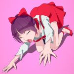  akagi_(fmttps) bangs bow brooch cat_girl choker closed_eyes commentary_request downblouse dress dutch_angle eyebrows_visible_through_hair fangs fingernails full_body gegege_no_kitarou gem hair_bow hair_bun high_heels jewelry long_sleeves nekomusume nekomusume_(gegege_no_kitarou_6) no_bra open_mouth partial_commentary pinafore_dress pointy_ears purple_background purple_hair red_bow red_choker red_dress red_footwear shadow sharp_fingernails shirt short_dress short_hair simple_background solo tearing_up v-shaped_eyebrows white_shirt yawning 
