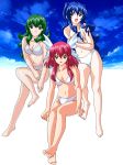  00s 3girls artist_request barefoot bikini blue_eyes blue_hair curvy green_eyes green_hair hair_ribbon long_hair mishina_aoi mishina_kurenai mishina_midori multiple_girls red_eyes red_hair ribbon ryuusei_sentai_musumet siblings sisters skirt sky smile swimsuit 