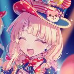  :d ^_^ balloon bang_dream! bangs blonde_hair bow bowtie character_hat_ornament closed_eyes earrings frills hair_bow hat hat_ribbon horse_earrings jewelry long_hair michelle_(bang_dream!) open_mouth polka_dot polka_dot_bow poyo_(shwjdddms249) red_bow ribbon smile smiley_face solo striped striped_neckwear striped_ribbon top_hat tsurumaki_kokoro upper_body 