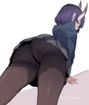  black_panties bob_cut commentary fate/grand_order fate_(series) from_below glasses kanro_ame_(ameko) miniskirt oni oni_horns panties panties_under_pantyhose pantyhose purple_hair school_uniform short_hair shuten_douji_(fate/grand_order) skirt thighs underwear upskirt 