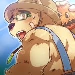  2018 anthro bear blush brown_fur clothing eyewear food fruit fur glasses hat male mammal nikunabe1989 overalls pumpkin solo straw_hat tokyo_afterschool_summoners volos 