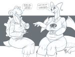  2018 anthro beverage clothed clothing dialogue digital_media_(artwork) dragonite duo english_text eyelashes eyes_closed female lapras monochrome nintendo open_mouth pok&eacute;mon pok&eacute;mon_(species) signature tea text video_games wings zwitterkitsune 