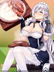 apron areola_slip areolae arm_guards artist_name azur_lane bangs belfast_(azur_lane) blue_eyes blush braid breasts chain cleavage closed_mouth collar collarbone commentary_request corset covered_nipples curry dress eating english_commentary eyebrows_visible_through_hair food foodgasm french_braid frilled_gloves frills gloves happy head_tilt heart heart-shaped_pupils highres large_breasts long_hair looking_at_viewer maid maid_headdress one_eye_closed pantyhose patreon_username sereneandsilent sidelocks silver_hair smile solo spicy_curry sweat symbol-shaped_pupils watermark wavy_mouth web_address white_gloves 