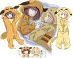  barefoot black_hair blonde_hair blush closed_eyes closed_mouth commentary_request cosplay eevee eevee_(cosplay) green_eyes holding_hands lillie_(pokemon) long_hair long_sleeves lying mizuki_(pokemon) multiple_girls naitou_kouse on_side open_mouth pajamas pikachu pikachu_(cosplay) pikachu_hood pokemon pokemon_(game) pokemon_sm short_hair sleeping standing translated 