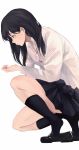  akito_(d30n26) black_eyes black_hair bra bra_peek button_gap commentary_request dress_shirt highres kneeling loafers long_hair looking_at_hand original pleated_skirt shirt shoe_dangle shoes simple_background skirt socks solo underwear white_background white_shirt 