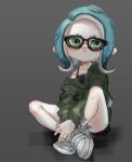  act_(a_moso) black-framed_eyewear blue_hair cardigan closed_mouth collarbone full_body glasses green_cardigan green_eyes long_sleeves lowres medium_hair octarian octoling off_shoulder shoes single_bare_shoulder sitting solo splatoon_(series) splatoon_2 splatoon_2:_octo_expansion tentacle_hair white_footwear 