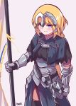  absurdres armor blonde_hair blue_eyes blush braid cape cowboy_shot fate/apocrypha fate/grand_order fate_(series) highres jeanne_d'arc_(fate) jeanne_d'arc_(fate)_(all) long_hair looking_at_viewer polearm side_slit single_braid solo standard_bearer sword tegar32 thighhighs very_long_hair weapon 