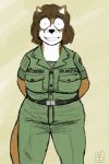  2018 army big_breasts breasts cadet canine clothed clothing colored english_text fox happy mammal military peggy_patterson savagelyrandom simple_background soldier solo text uniform young 