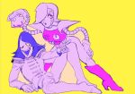  blue_hair boots bubble_pop_sdk deltarune epaulettes gloves hair_over_one_eye holding knee_boots leaning_forward male_focus mettaton mettaton_ex multiple_boys pink_footwear pointing pursed_lips robot rouxls_kaard simple_background tareme undertale uniform white_gloves yellow_background yellow_eyes 