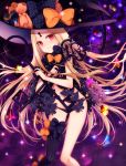  abigail_williams_(fate/grand_order) ass_visible_through_thighs asymmetrical_legwear bangs black_bow black_hat black_legwear black_panties blonde_hair blush bow bug butterfly closed_mouth commentary_request eyebrows_visible_through_hair fate/grand_order fate_(series) fingernails glint hat hat_bow head_tilt heart highres holding holding_key insect key keyhole knees_together_feet_apart leaning_forward long_hair looking_at_viewer navel orange_bow orii_(fsgp5252) oversized_object panties parted_bangs print_bow red_eyes revealing_clothes single_thighhigh smile solo space star star_(sky) star_print stuffed_animal stuffed_toy teddy_bear thighhighs topless underwear very_long_hair witch_hat 