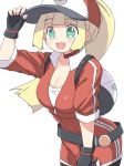  backpack bag baseball_cap black_gloves blonde_hair breasts cleavage commentary_request cosplay female_protagonist_(pokemon_go) female_protagonist_(pokemon_go)_(cosplay) fingerless_gloves gloves green_eyes hand_on_headwear hat holding holding_poke_ball jacket lillie_(pokemon) long_hair medium_breasts naitou_kouse open_mouth poke_ball pokemon pokemon_(game) pokemon_go pokemon_sm ponytail short_sleeves simple_background solo white_background 