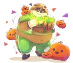  anthro bear blush brown_fur clothed clothing eyewear food fruit fur glasses gloves hat humanoid_hands male mammal natamaru_a overweight overweight_male pants pumpkin simple_background solo straw_hat tokyo_afterschool_summoners volos white_background 