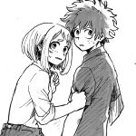  1girl blush boku_no_hero_academia embarrassed freckles hk_(nt) messy_hair midoriya_izuku monochrome shirt_grab short_hair sidelocks sweatdrop uraraka_ochako 