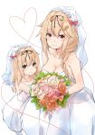  bare_arms bare_shoulders blonde_hair blush bouquet braid breasts bridal_veil bride closed_mouth commentary_request dress flower gloves grey_eyes hair_flaps hair_ornament hair_ribbon hairclip heart highres if_they_mated kantai_collection long_hair looking_at_viewer married mother_and_daughter multiple_girls red_eyes remodel_(kantai_collection) ribbon saku_(kudrove) single_braid smile strapless strapless_dress veil wedding_dress white_background yuudachi_(kantai_collection) 
