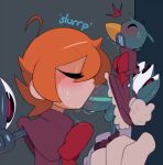  2017 4_fingers ahoge anthro avery_(skullgirls) avian balls beak bird blush bodily_fluids body_part_in_mouth bow_tie brown_clothing brown_dress captainkirb clenched_teeth clothing cybernetic_arm cybernetic_limb cybernetics cyborg dress duo eyelashes eyes_closed feathers fellatio female female_human female_on_anthro fingers galliform genitals glistening glistening_genitalia glistening_penis green_balls green_body green_feathers green_penis green_tail green_text hair handwear human human_ears human_on_anthro interspecies larger_female larger_human larger_penetrated looking_pleasured machine male male/female male_anthro male_on_human mammal metal_teeth oral oral_penetration orange_hair peacock_(skullgirls) peafowl penetration penile penis penis_in_mouth phasianid red_blush red_bow_tie saliva saliva_on_penis sex sharp_teeth size_difference skullgirls small_but_hung smaller_anthro smaller_male sweat tail tan_body tan_clothing tan_ears tan_gloves tan_handwear tan_nose tan_skin teeth text yellow_beak 