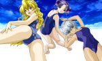  00s 3girls artist_request ass barefoot blonde_hair blue_eyes bow breasts dark_skin double_bun female green_eyes hair_bow jewelry long_hair looking_at_viewer looking_back multiple_girls one-piece_swimsuit purple_hair ribbon ryuusei_sentai_musumet saotome_kou saotome_marcia saotome_shion shiny shiny_skin short_hair siblings sidelocks silver_hair sisters sky smile swimsuit 