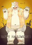  2018 anthro bear belly clothing english_text eyes_closed fur halloween holidays humanoid_hands japanese_text male mammal maron2475 moobs navel overweight overweight_male polar_bear shirane_kan shorts solo text utau white_fur 