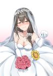 absurdres blush bouquet breasts bridal_veil cleavage commentary_request dress elbow_gloves flower girls_frontline gloves grey_hair happy_tears helianthus_(girls_frontline) highres jewelry ky_(ky990533) large_breasts long_hair ring smile solo strapless strapless_dress sunflower tears veil wedding_band wedding_dress white_gloves yellow_eyes 