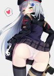  ass bangs beret blunt_bangs blush commentary_request facial_tattoo from_behind german_flag girls_frontline gloves green_eyes gun handgun hat heart highres hk416_(girls_frontline) holster jacket lemonolemone long_hair looking_at_viewer looking_back panties pantyshot pantyshot_(standing) pistol pleated_skirt silver_hair simple_background skirt skirt_lift solo spoken_heart standing straight_hair tattoo thigh_gap thigh_holster thighhighs thighs underwear very_long_hair weapon white_background white_gloves white_panties 